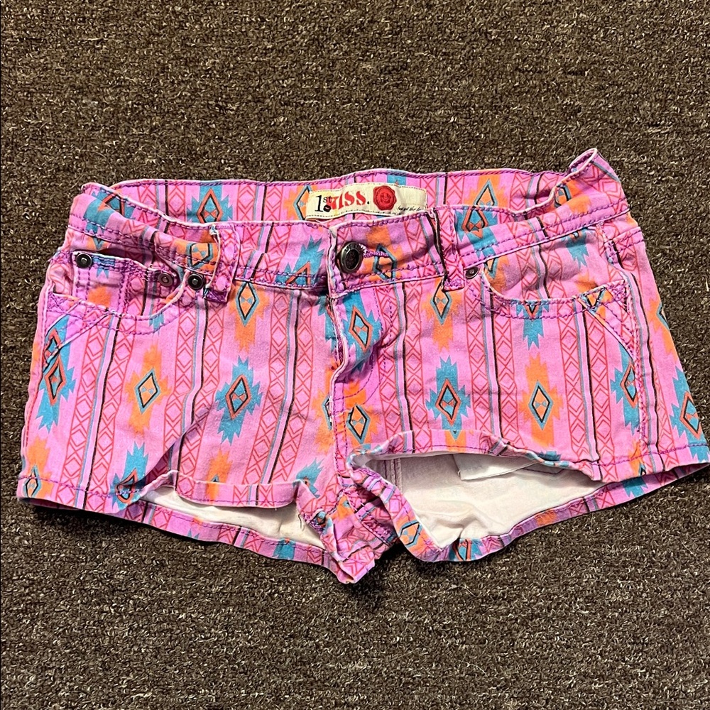 Tribal Women's Pink and Blue Patterned Jean Shorts